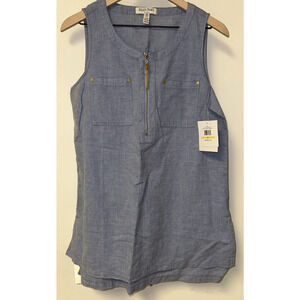 Ellen Tracy Women Size Medium Sleeveless Gold Zipper Front‎ Tunic Chambray Linen